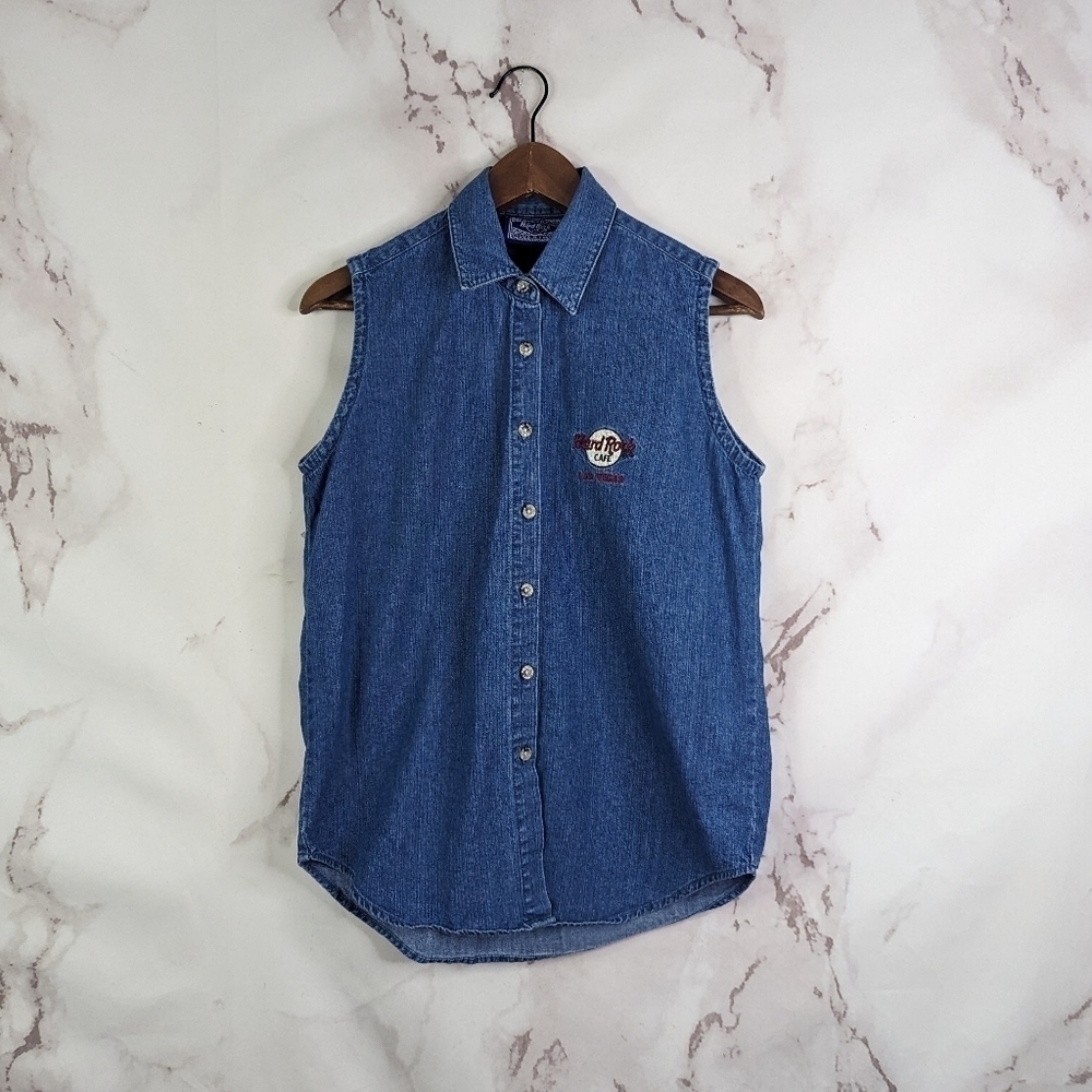 Hard Rock Cafe Shirt Womens Medium Vintage Denim Tank Top Button Las Vegas 90s